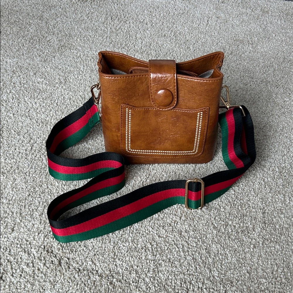 Petite Brown Leather Crossbody Bag with Striped Strap